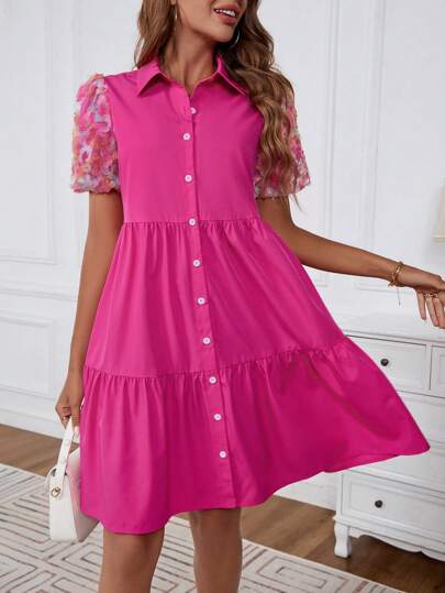 SHEIN LUNE 網紗拼接短袖女士泡泡袖連衣裙