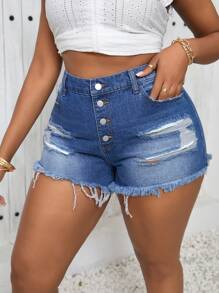 SHEIN VCAY Plus Size Sexy Distressed Denim Shorts For Casual Vacation, Blue - Light Wash - View 5