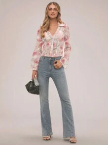 Forever 21 日常穿著花卉印花荷葉邊袖休閒襯衫 - 彩色 - 查看 4