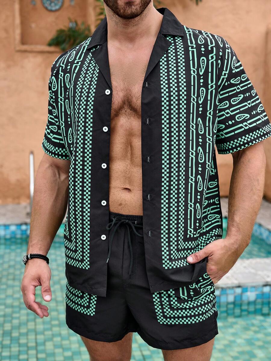 Manfinity Swimmode 男士幾何印花襯衫和束腰短褲沙灘套裝 - 黑色 - 查看 1