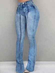 女士性感弹力喇叭牛仔裤 - 舒适百搭的款式 - 淺色水洗藍 - 查看 3