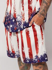 Mainfolk 2pcs/Set Plus Size Men's Casual Stars & Stripes Weaving Usa Flag Graphic Lapel Shirt & Straight Shorts For Summer, 4th Of July - Multicolor - View 3
