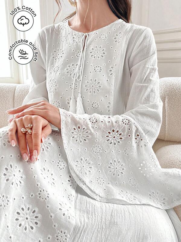 Yasmyna Contrast Eyelet Embroidery Flare Sleeve Dress For Summer, Modest Long Sleeve Maxi Length Summer Kaftan Tunic Dress