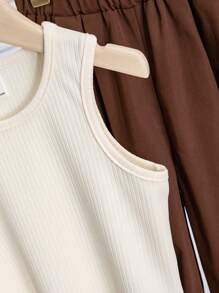 2pcs Young Girl Casual Set, Top & Wide Leg Pants Brown Young Girls Setspants And Top Set - Apricot - View 7