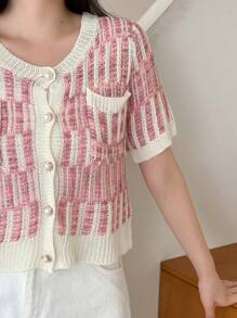 DAZY Plaid Pattern Dual Pocket Cardigan - Pink - View 4