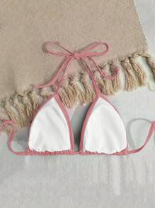 SHEIN Swim Women Solid Halter Triangle Bikini Top - Pink - View 6