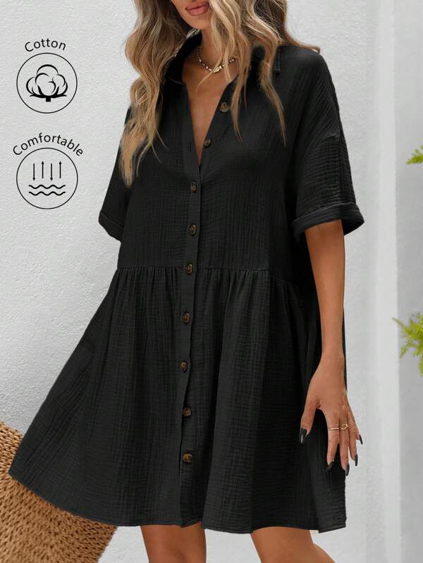 SHEIN VCAY Vacanță Lejer Culoare Solidă Casual Femei Cămăși De Vară Rochie Cu Tivul Volanat
