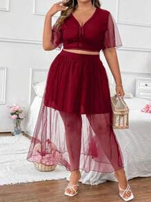 SHEIN Clasi 夏季加對比網眼短上衣和裙子組合 - 紅色 - 查看 5