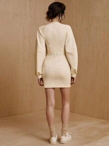 MONSE Mathilde Lhomme Designer Mini-jurk met gestructureerde mouwen en riem, elegante jurk, voor vakantie, feestoutfit, verjaardagsoutfits, lente, festival
