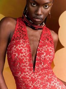 Alice McCall Designer Allover Floral Flower Lace Deep V Neck Jumpsuit, Women, For Summer, Holiday, Valentine's Day, Festival - Red - View 1