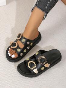 Nouvelles arrivées Sandales compensées femme noires à la mode et confortables, style décontracté, semelle épaisse, style punk, bout rond, ouvert, avec boucle - Noir - Voir 3