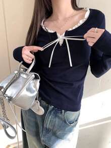 Women's Frill Trim Front-Tie Long Sleeve Casual T-Shirt, Spring And Summer