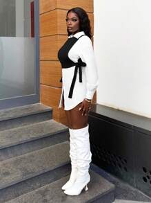 Slaydiva 休閒白色寬鬆長袖襯衫連身裙和黑色打結背心套裝 - E - 黑與白 - 查看 4