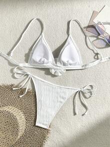 SHEIN Swim 女士夏季海灘單色3D花裝飾性感比基尼套裝 - 白色 - 查看 2