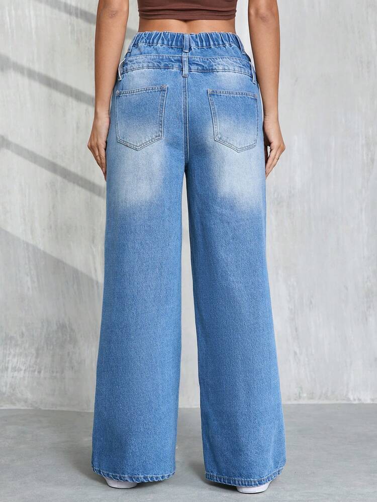 Women's Casual Wide Leg Denim Pants With Double Waist Design, Blue