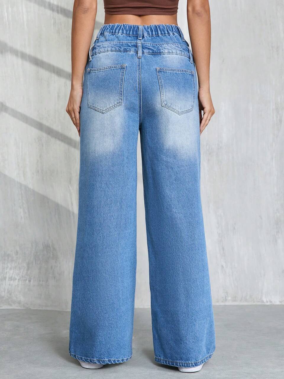 Women's Casual Wide Leg Denim Pants With Double Waist Design, Blue