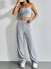 SHEIN EZwear Women Summer Grey Fine Ribbed Tube Top And Casual Knit Pants Set - Grey - View 6