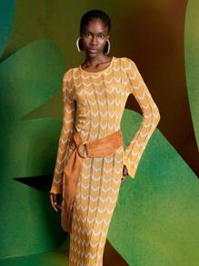 Alice McCall 设计师系带露背波浪条纹镂空针织优雅毛衣裙，秋季，适合秋冬季、节日、派对、除夕夜装 - 棕色 - 查看 5