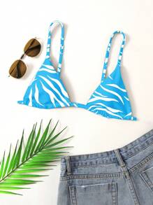 SHEIN Swim Summer Beach Bikini Top, Random Print - Blue and White - View 4