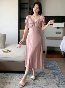 DAZY Drawstring Waistline, Frill Detailing, Collared, Loose Fit Sleep Dress (French Style) Pajama - Pink - View 5