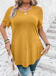 SHEIN Clasi 大尺碼女裝夏季純色短袖圓領紐扣裝飾休閒T恤 - 黃色 - 查看 3