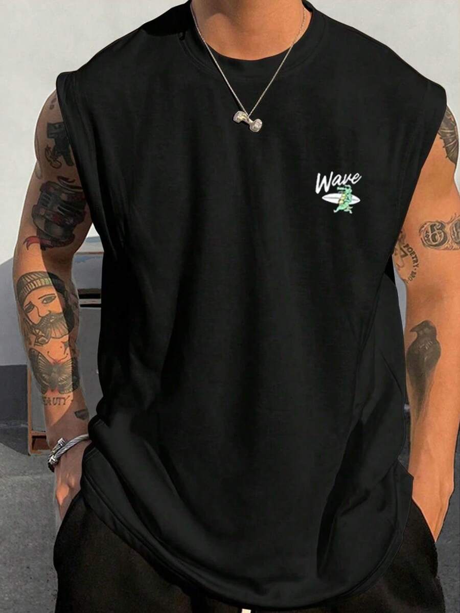 Débardeur d'été décontracté pour hommes avec impression de lettres et de dessins animés - Noir - Voir 1