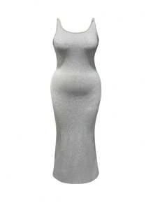 INAWLY Plus Asymmetrical Neck Mermaid Hem Dress, Long Bodycon Dress - Grey - View 4