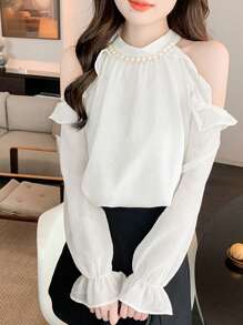 Solid Ruffle Trim Cold Shoulder Blouse - White - View 1
