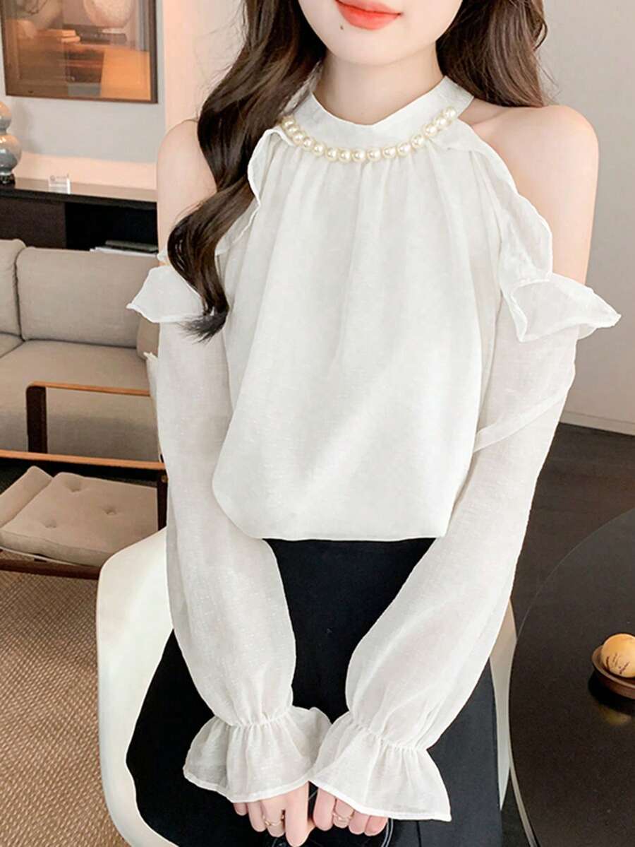 Solid Ruffle Trim Cold Shoulder Blouse - White - View 1