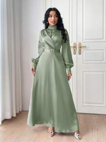 Modelyn Solid Mock Neck Dress Without Belt For Dailywear Long Evening Dresses - Green - View 4