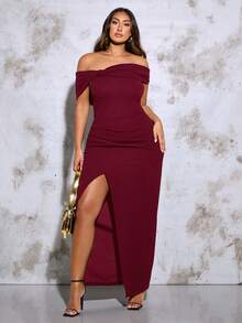 SHEIN BAE 大尺碼女士夏季時尚和優雅派對上倒褶單肩純黑色彈性針織開叉長裙 - 酒紅色 - 查看 6