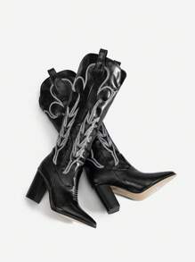 Styleloop 女士过膝长靴，适合波西米亚风、复古美式风、西部风、音乐节、派对、度假、旅行等场合。 - 黑色 - 查看 2