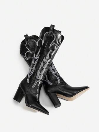 Styleloop Bottes noires hautes jusqu'aux genoux pour femmes à bout pointu et talon épais, pour l'automne/l'hiver, avec broderie équestre et western. Bottes pour femmes à enfiler pour Noël, le Nouvel An et la Saint-Valentin