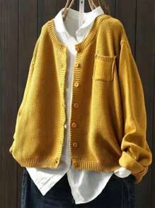 Áo len cardigan dáng rộng, tay dài cài nút một hàng, màu trơn, phong cách cổ điển, thời trang thường ngày cỡ lớn, dáng rộng, vai trễ dành cho nữ - Màu vàng - Xem 1
