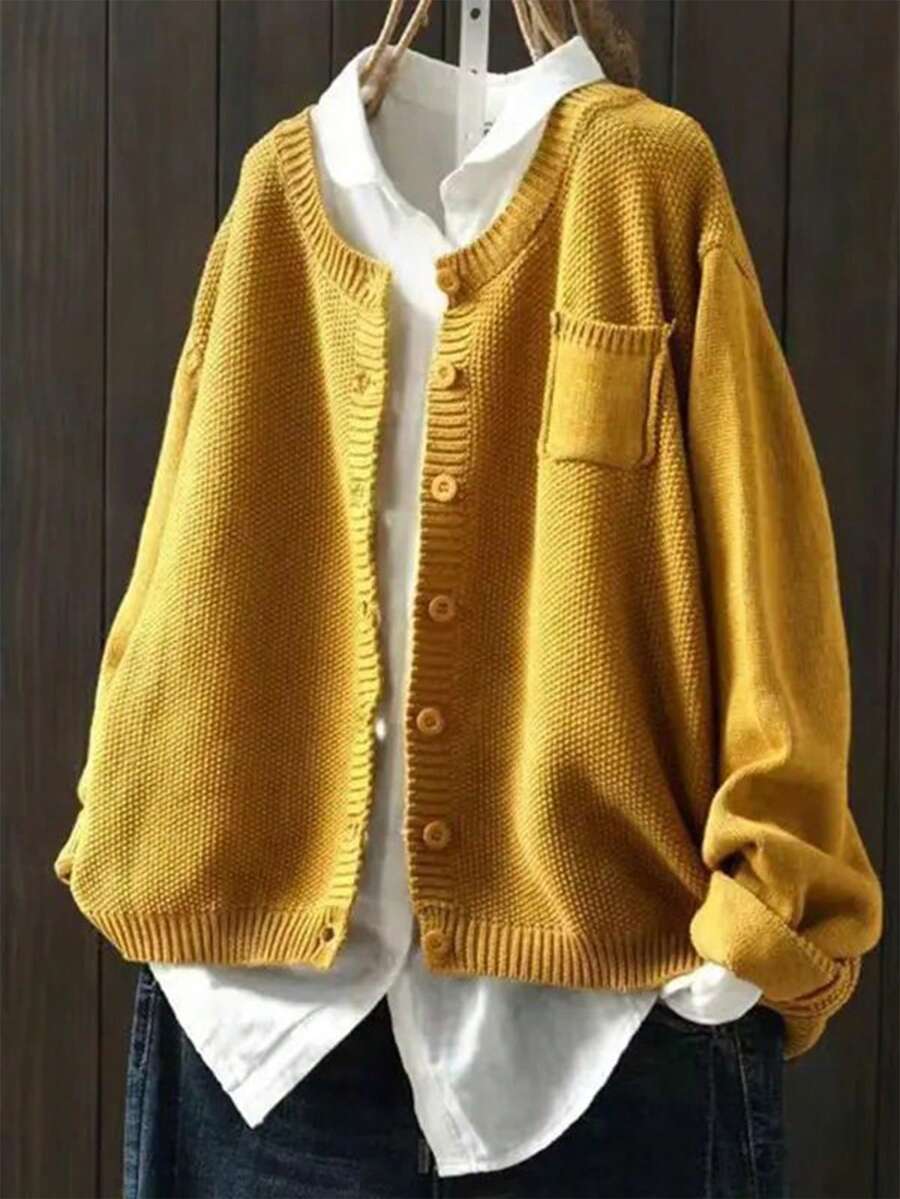 Áo len cardigan dáng rộng, tay dài cài nút một hàng, màu trơn, phong cách cổ điển, thời trang thường ngày cỡ lớn, dáng rộng, vai trễ dành cho nữ - Màu vàng - Xem 1