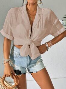 SHEIN Swim Solid Button Front Short Sleeve Casual Kimono For Summer