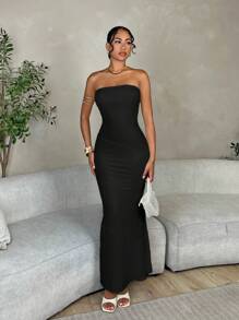 SHEIN BAE Graduation Weißes Kleid mit Schlauch-Oberteil und Vier-Wege-Stretch-Strick-Patchwork, Weißes Strandkleid, Maxikleider Sommeroutfits, Niedliche Sommerkleider für Frauen - Schwarz - Übersicht 1