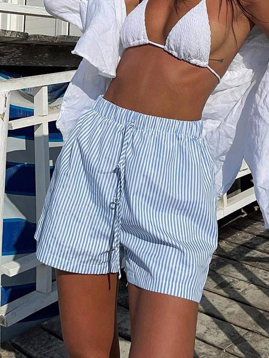 INAWLY Women's Striped Casual Summer Holiday Shorts - Blue and White - View 1