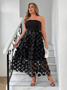 Celure Plus Size Women's Fashion Mesh 3D Circle Patchwork Dress - Black - View 5