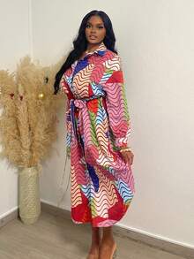 Slaydiva Casual Plus Size Women's Spring/Summer Colorful Wave Striped Long Sleeve Shirt Dress For Work/Commute - Multicolor - View 7