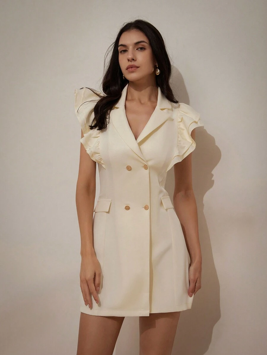 Aveloria Women's Chic And Unique Double-Breasted Ruffle Hem Blazer Dress - Beige - View 1