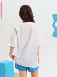 Letter Graphic Drop Shoulder Tee & Shorts PJ Set / Pajama Set - Multicolor - View 2