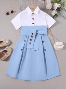 Vestido de camisa de cinto com botões de duas cores para meninas adolescentes para o verão