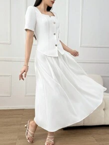Modelyn Square Neck Button Front Blouse & Fold Pleated Skirt - White - View 2