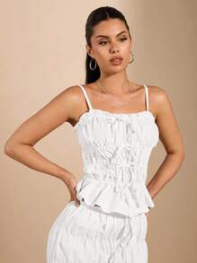 SHEIN BAE White Camisole With Ruffled Edges And Bow Decoration, Sexy And Sweet For Daily Wear