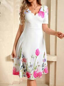 SHEIN Clasi Vestido elegante estampado floral para mujer con cuello quemado y dobladillo en línea A - Multicolor - Ver 4