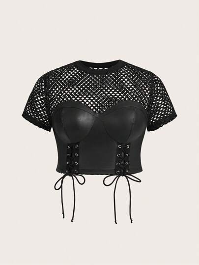 Plus Size Slim Fit Fishnet Cross Straps T-Shirt, School For Summer