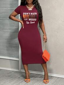 Slaydiva 休閒夏日黑色 Don't Ruin My Mood印花圓領短袖連身長裙 - 棕色 - 查看 6