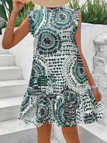 Breezaya Vestido suelto con diseño de mandala y dobladillo de volantes para verano - Blanco - Ver 1