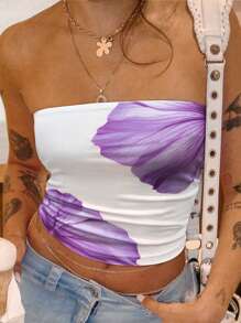 INAWLY Y2K夏季短款裸露肩粉色花卉印花無肩帶上衣，修身剪裁，露肩設計 - 彩色 - 查看 1